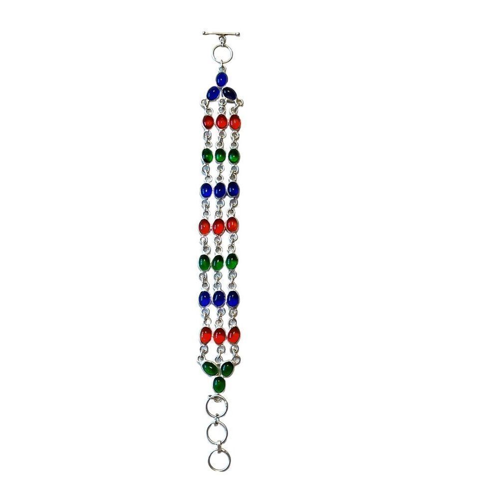 Triple Strand Multi-Color Stone Silver Tone Bracelet